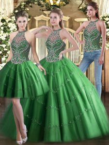 Sexy Green Three Pieces Tulle High-neck Sleeveless Beading Floor Length Lace Up Vestidos de Quinceanera