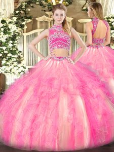 Sweet Watermelon Red and Rose Pink Two Pieces Tulle High-neck Sleeveless Beading and Ruffles Floor Length Backless 15 Quinceanera Dress
