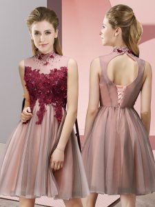 Superior Peach Empire High-neck Sleeveless Tulle Knee Length Lace Up Appliques Quinceanera Court Dresses
