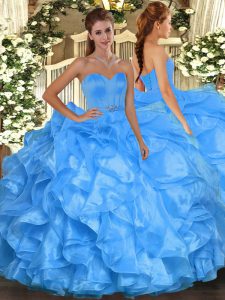 Baby Blue Ball Gowns Organza Sweetheart Sleeveless Beading and Ruffles Floor Length Lace Up Sweet 16 Quinceanera Dress