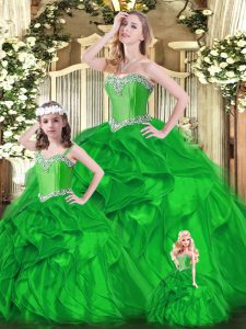 Super Green Ball Gowns Beading and Ruffles Sweet 16 Dress Lace Up Organza Sleeveless Floor Length
