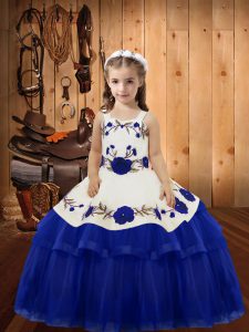 Royal Blue Mermaid Embroidery and Ruffled Layers Kids Pageant Dress Lace Up Organza Sleeveless Floor Length