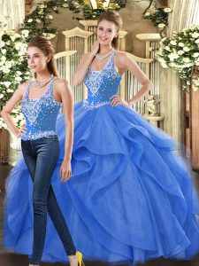 High Quality Straps Sleeveless Lace Up Quinceanera Gown Blue Tulle