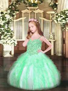 Hot Selling Apple Green Ball Gowns Appliques and Ruffles Glitz Pageant Dress Lace Up Organza Sleeveless Floor Length