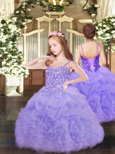 Lavender Sleeveless Appliques and Ruffles and Pick Ups Floor Length Pageant Dress for Teens