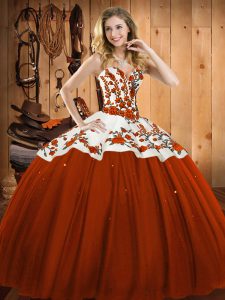 Rust Red Satin and Tulle Lace Up Sweetheart Sleeveless Floor Length Quinceanera Gowns Embroidery