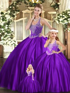 Purple Sleeveless Beading Floor Length Quince Ball Gowns