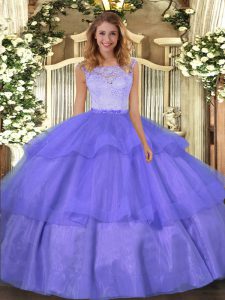Lace and Ruffled Layers Sweet 16 Dresses Lavender Clasp Handle Sleeveless Floor Length