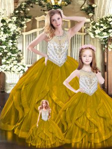 Dynamic Floor Length Lace Up Vestidos de Quinceanera Brown for Military Ball and Sweet 16 and Quinceanera with Beading and Ruffles