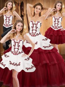Perfect Satin and Organza Strapless Sleeveless Lace Up Embroidery and Ruffled Layers Quince Ball Gowns in Burgundy