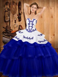 Trendy Royal Blue Sleeveless Tulle Sweep Train Lace Up Ball Gown Prom Dress for Military Ball and Sweet 16 and Quinceanera