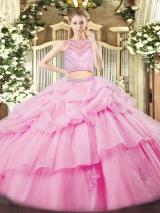 Flirting Rose Pink Sleeveless Tulle Zipper Quinceanera Dresses for Military Ball and Sweet 16 and Quinceanera