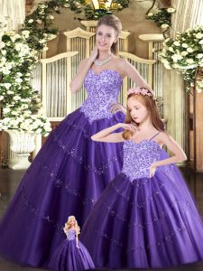 Purple Ball Gowns Beading 15 Quinceanera Dress Lace Up Tulle Sleeveless Floor Length