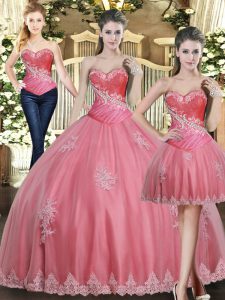 Top Selling Rose Pink Quince Ball Gowns Military Ball and Sweet 16 and Quinceanera with Beading and Appliques Sweetheart Sleeveless Lace Up