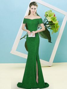 Sophisticated Green Mermaid Off The Shoulder Short Sleeves Sequined Sweep Train Zipper Sequins Dress for Prom