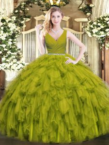 Fancy Olive Green Ball Gowns V-neck Sleeveless Tulle Floor Length Zipper Beading and Ruffles Quinceanera Gowns