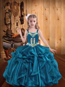 Floor Length Lace Up Pageant Dress for Womens Teal for Sweet 16 and Quinceanera with Embroidery and Ruffles