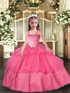 Hot Pink Organza Lace Up Winning Pageant Gowns Sleeveless Floor Length Appliques and Ruffled Layers