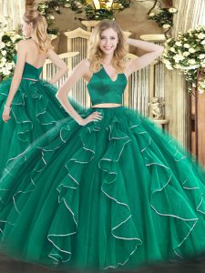 Fitting Dark Green Zipper Quinceanera Dress Ruffles Sleeveless Floor Length
