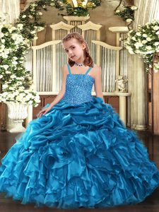 Floor Length Blue Little Girl Pageant Dress Organza Sleeveless Beading and Ruffles