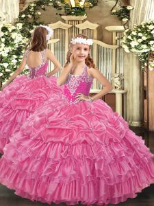 Superior Rose Pink Lace Up Little Girl Pageant Dress Beading and Ruffled Layers and Pick Ups Sleeveless Floor Length