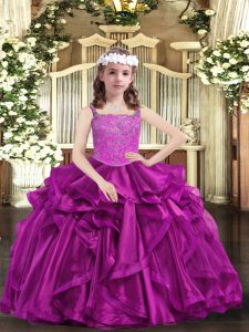 Excellent Straps Sleeveless Organza Little Girl Pageant Gowns Beading and Ruffles Lace Up
