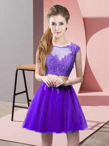 Shining Mini Length Purple Evening Dress Tulle Sleeveless Appliques