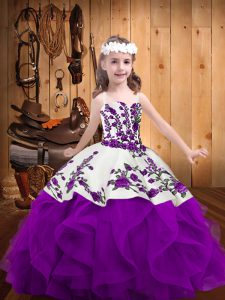 Floor Length Purple Glitz Pageant Dress Organza Sleeveless Embroidery and Ruffles