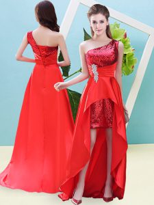 Wonderful A-line Prom Gown Red One Shoulder Elastic Woven Satin and Sequined Sleeveless High Low Lace Up