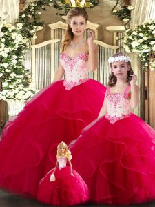 Red Ball Gowns Tulle Sweetheart Sleeveless Beading and Ruffles Floor Length Lace Up Ball Gown Prom Dress