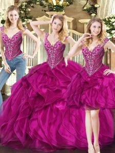 Edgy Fuchsia Lace Up V-neck Ruffles 15 Quinceanera Dress Organza Sleeveless