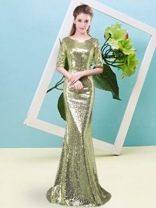Yellow Green Sequined Zipper Prom Party Dress Half Sleeves Floor Length Sequins