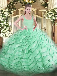 Apple Green Sleeveless Organza Brush Train Zipper Sweet 16 Dresses for Military Ball and Sweet 16 and Quinceanera