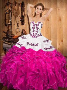 Popular Fuchsia Ball Gowns Satin and Organza Strapless Sleeveless Embroidery and Ruffles Floor Length Lace Up 15 Quinceanera Dress