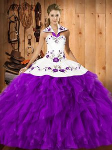 Eggplant Purple Ball Gowns Satin and Organza Halter Top Sleeveless Embroidery and Ruffles Floor Length Lace Up Sweet 16 Dresses