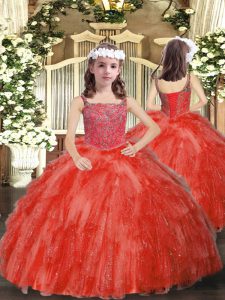 Luxurious Coral Red Ball Gowns Organza Straps Sleeveless Beading and Ruffles Floor Length Lace Up High School Pageant Dress