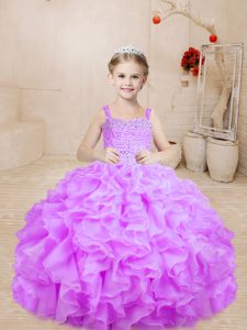 Lilac Sleeveless Floor Length Beading Lace Up Little Girl Pageant Gowns