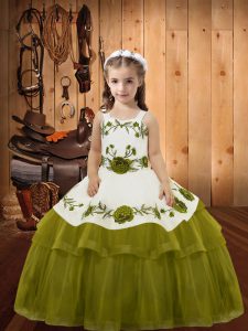 Low Price Straps Sleeveless Little Girls Pageant Dress Floor Length Embroidery and Ruffled Layers Olive Green Organza