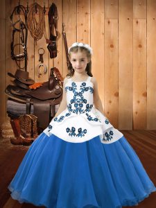 Blue Lace Up Pageant Gowns For Girls Embroidery Sleeveless Floor Length
