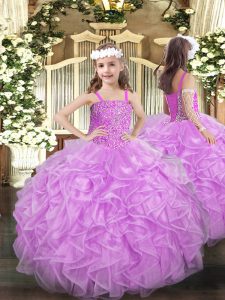 Lilac Sleeveless Floor Length Beading and Ruffles Lace Up Little Girl Pageant Dress