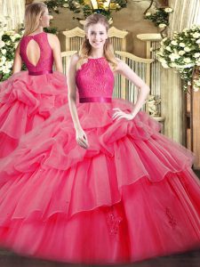Dazzling Coral Red Sleeveless Floor Length Lace and Ruffled Layers Zipper 15 Quinceanera Dress