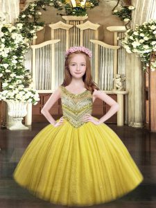Gold Sleeveless Beading Floor Length Pageant Gowns For Girls