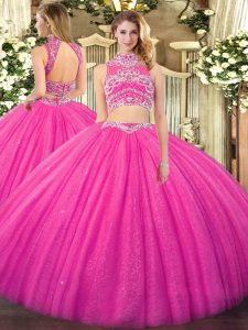 High Quality Floor Length Hot Pink 15th Birthday Dress Tulle Sleeveless Beading