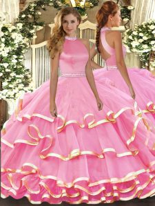Vintage Beading and Ruffled Layers Quinceanera Gowns Watermelon Red Backless Sleeveless Floor Length