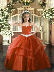 Sleeveless Tulle Floor Length Lace Up Kids Pageant Dress in Rust Red with Appliques and Ruffled Layers