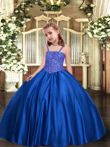 Admirable Floor Length Royal Blue Little Girls Pageant Gowns Satin Sleeveless Beading