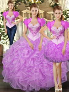 Gorgeous Floor Length Lilac Quince Ball Gowns Tulle Sleeveless Beading and Ruffles