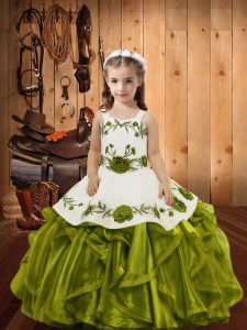 Graceful Olive Green Straps Lace Up Embroidery and Ruffles Little Girls Pageant Dress Wholesale Sleeveless