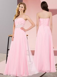 Most Popular Floor Length Empire Sleeveless Baby Pink Evening Dress Lace Up