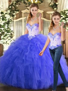 Organza Sweetheart Sleeveless Lace Up Beading and Ruffles Sweet 16 Dress in Blue